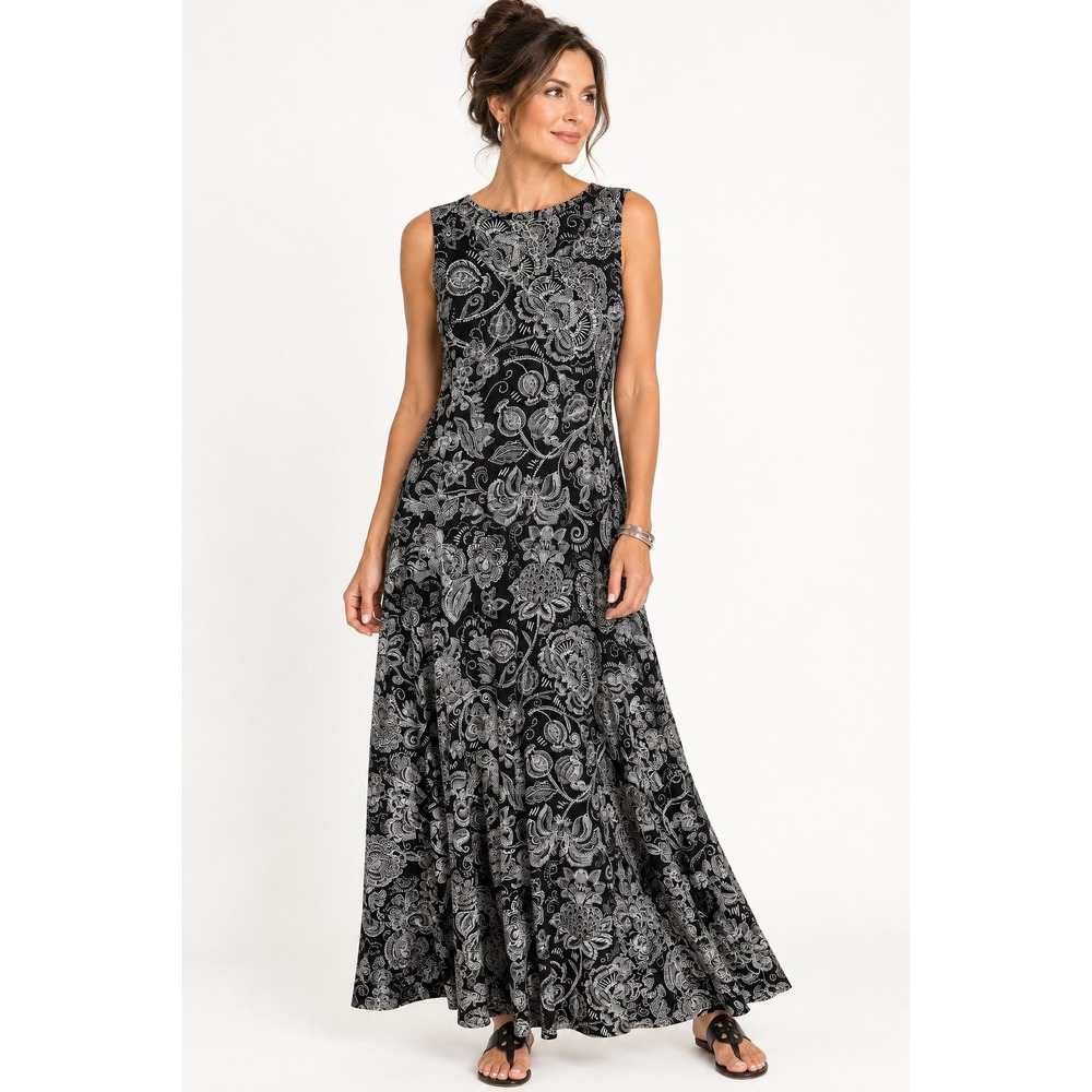 Soft Surroundings Santiago Dress Black White Paisley Floral Maxi Medium NWOT